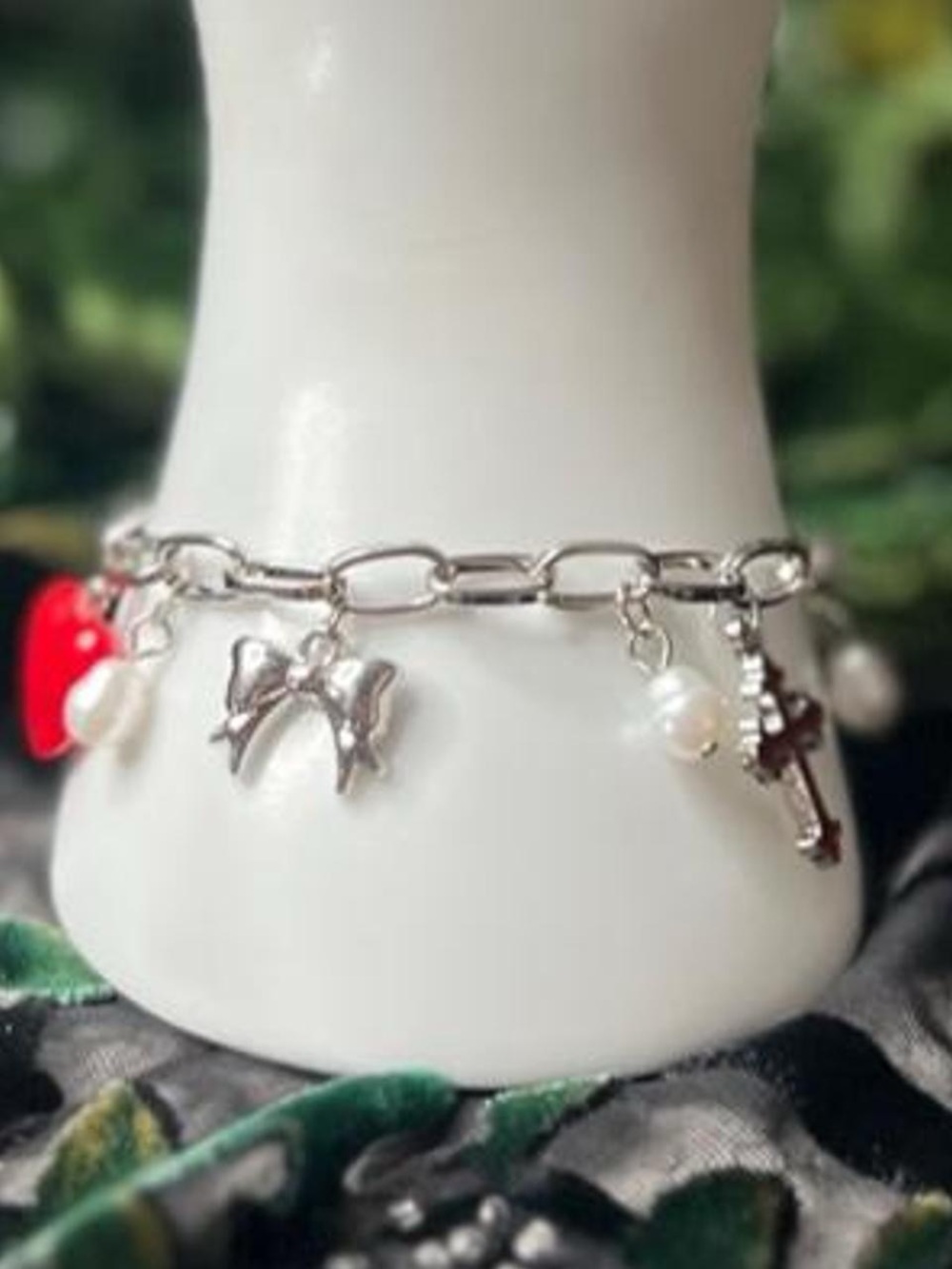 Silver Charm Bracelet with Red Heart and Pearls